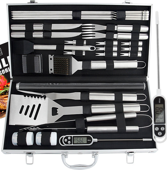 28-piece grill accessory set for men - Premium stainless steel grill case with grill mat, grill utensils for dad, men, and women - perfect for gas grill, charcoal grill, and camping.