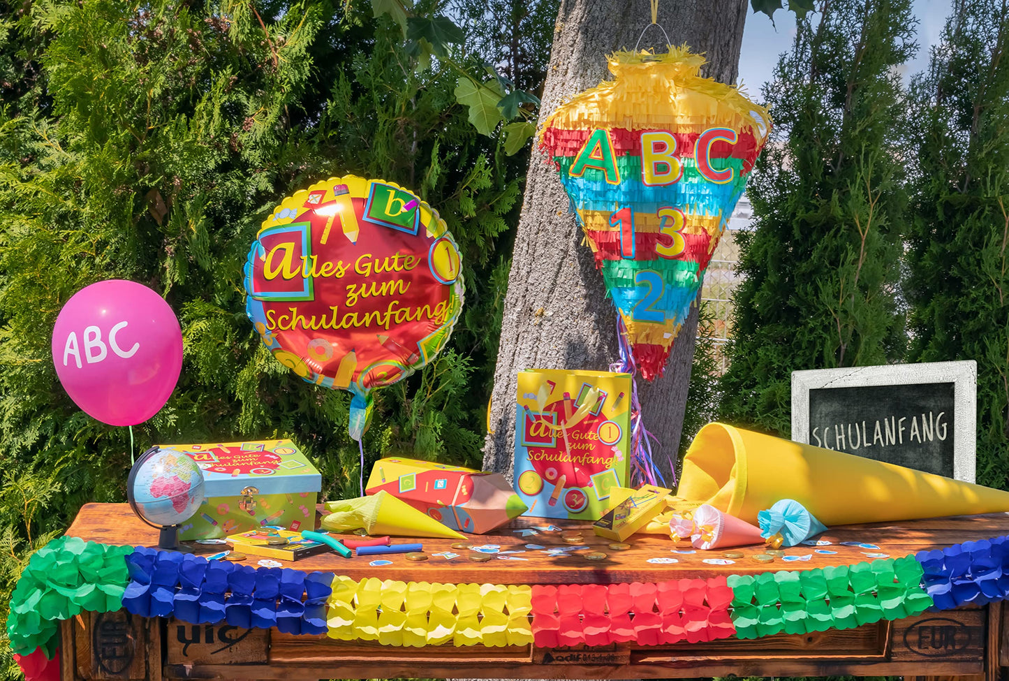 Idena 90125 - 1 Pinata school cone, 1 garland, 1 foil balloon school start, enrollment, school start, decoration, gift