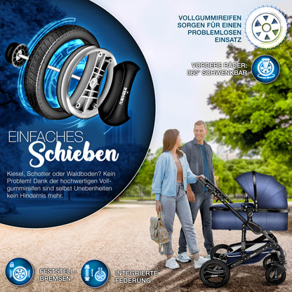 KIDUKU® 3 in 1 stroller XXL complete set | Combination stroller set including baby tub, buggy seat & car baby seat footmuff | solid rubber tires changing bag hand warmer rain cover child table ECE R129