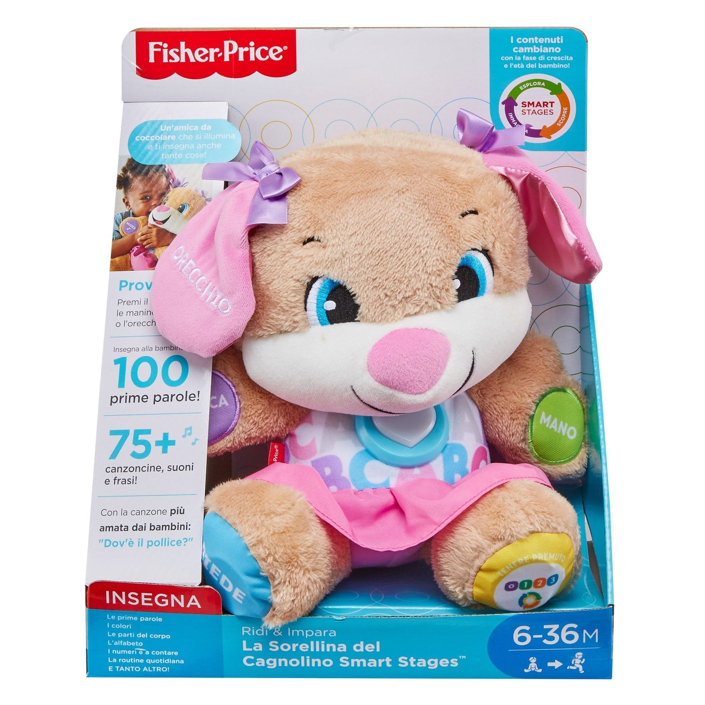 Fisher-Price Laugh & Learn Smart Stages Puppy| Talking, Singing Stuffed Animal| Baby Toy 6 Months+| Interactive Toy Dog| Educational Toy Baby Gift Girls & Boys, Version: Italian, FPP54