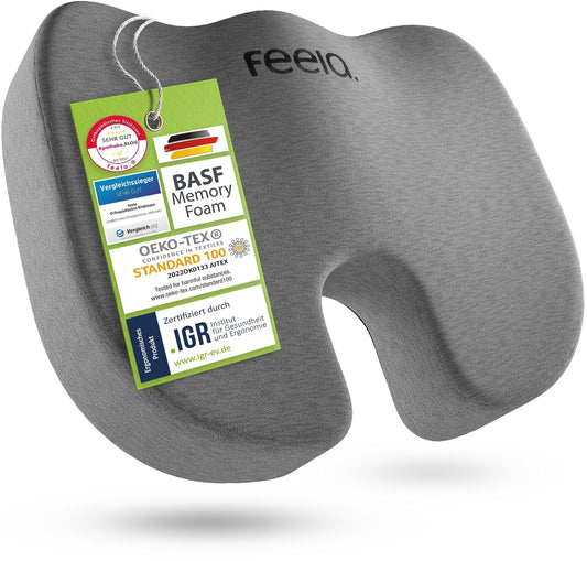 feela.® Orthopedic Seat Cushion [3 Levels of Firmness] - Ergonomic cushion for office chair & more - Reduces pain, increases comfort, promotes blood circulation, and relieves pressure on the coccyx (Soft)