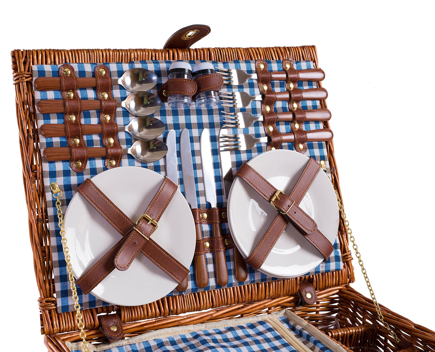 Enjoy Willow Wicker Picnic Basket for 4 with Cooler & Picnic Accessories - Tableware, Cutlery, Wine Glasses - Gift Idea for Camping, Outdoor & Family - BLUE