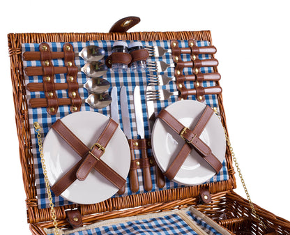 Enjoy Willow Wicker Picnic Basket for 4 with Cooler & Picnic Accessories - Tableware, Cutlery, Wine Glasses - Gift Idea for Camping, Outdoor & Family - BLUE