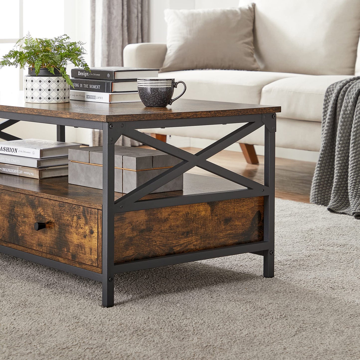 VASAGLE Coffee Table, Living Room Table, Sofa Table, for Living Room, with Drawers, X-Shaped Supports, Open Shelf, Industrial Design, Vintage Brown-Black LCT201B01