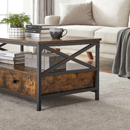 VASAGLE Coffee Table, Living Room Table, Sofa Table, for Living Room, with Drawers, X-Shaped Supports, Open Shelf, Industrial Design, Vintage Brown-Black LCT201B01