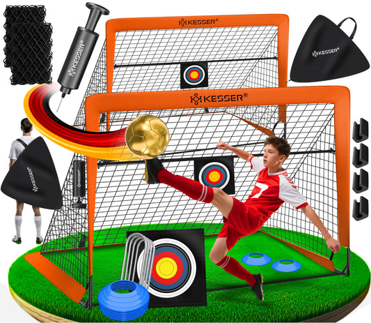 KESSER® Soccer Goal Kids Pop-Up 2er Set | Soccer Goals Foldable with Fiberglass Poles & high-quality Goal Nets for Indoor, Outdoor & Garden | With Carry Bag Cone Pump Target Orange