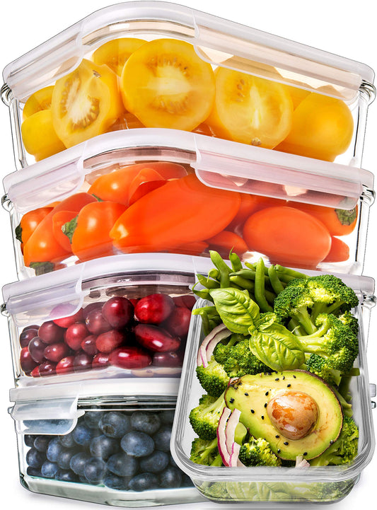 [5-Pack] Glass Food Storage Containers with Lids - Meal Prep Glass Boxes - Glass Container Set - Dishwasher, Microwave, Freezer Safe (880 ml: 1 Compartment)
