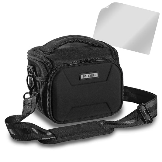 PEDEA DSLR camera bag "Guard" with screen protector for Canon EOS 5DS R M6 M100 100D G1X Mark III SX740 / Nikon Z6 D850 / Panasonic Lumix DC GH5 GX800 / Sony Alpha 6000 6500, Size L black.