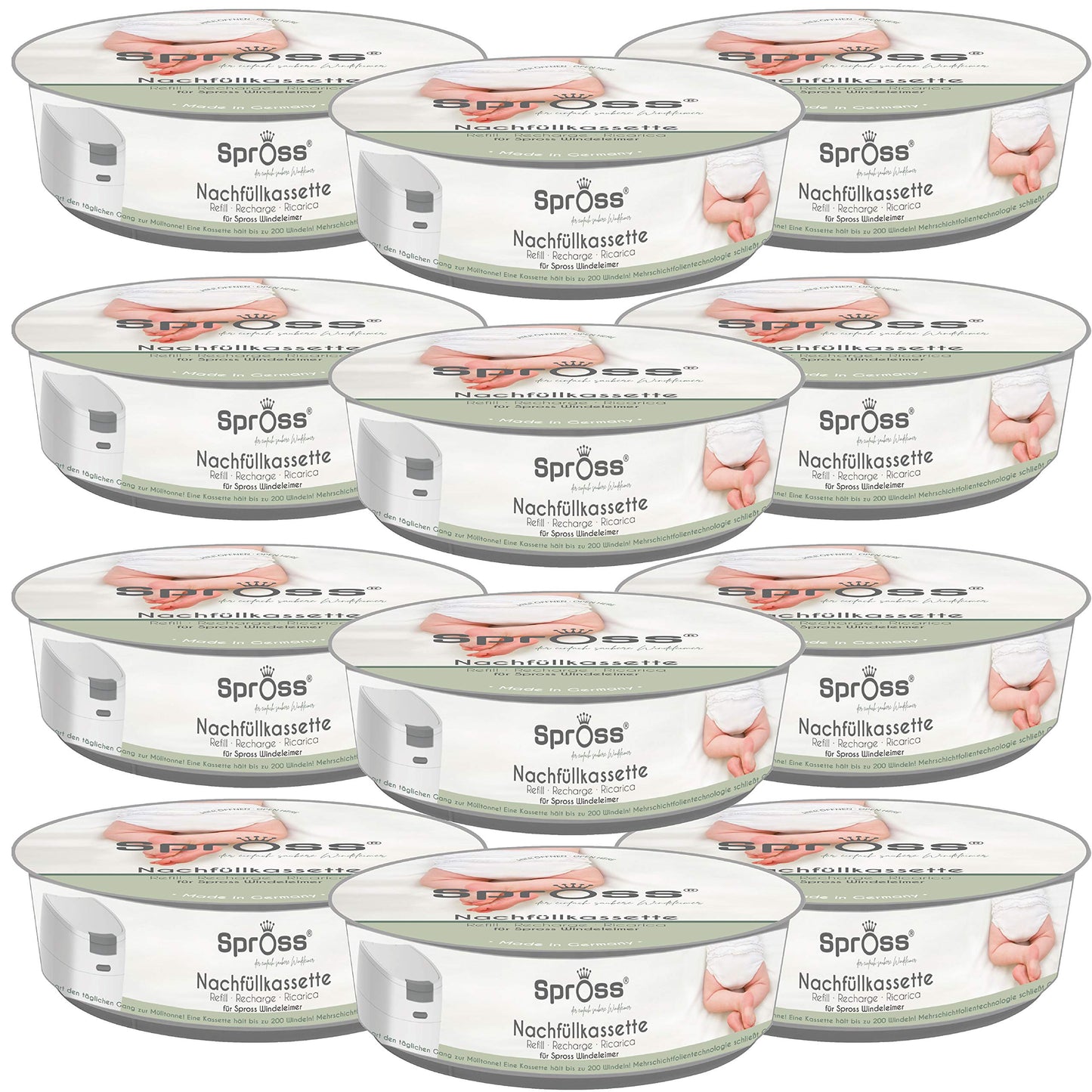 Spross Refill Cassettes for Spross Diaper Pail - 12 Pack - Helps prevent unpleasant odors