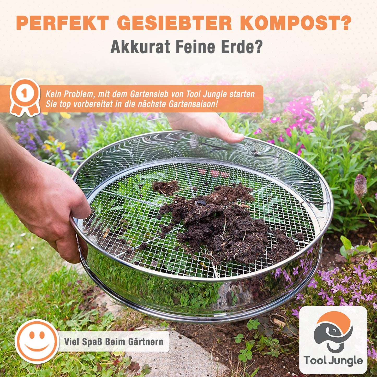 Tool Jungle- Stainless steel garden sieve - includes 5 sieve inserts Ø 3.5, 8, 9, 12mm - Compost sieve weatherproof - with additional crossbar for more stability.