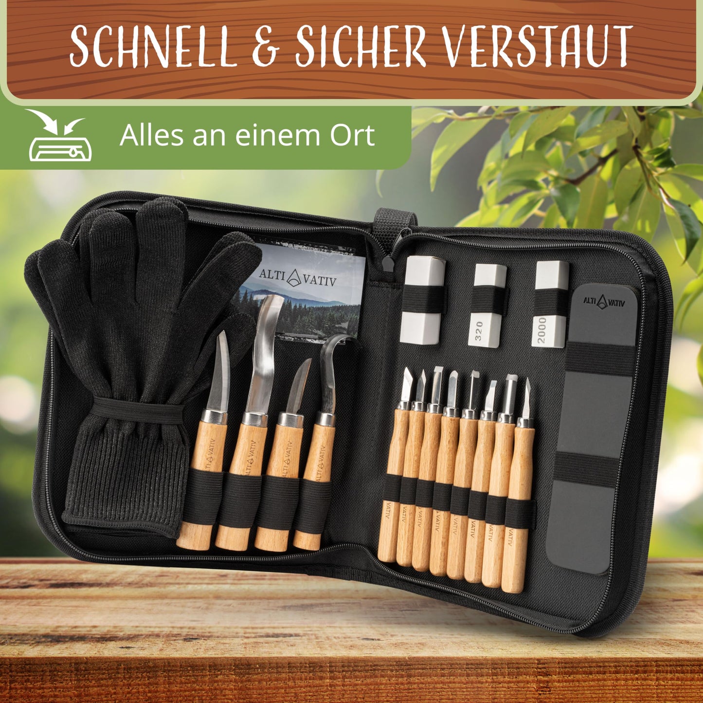 ALTERNATIVE - Wood Carving Tool - 18-piece Kids Carving Set - INCLUDING VIDEO COURSE - Wood Carving Tool Set with Gloves, Sanding Set & Storage Bag.