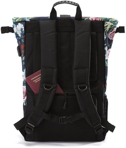 Ela Mo roll-top backpack for women - stylish and practical - laptop backpacks for women - anti-theft bag for school, college, business (Floral)