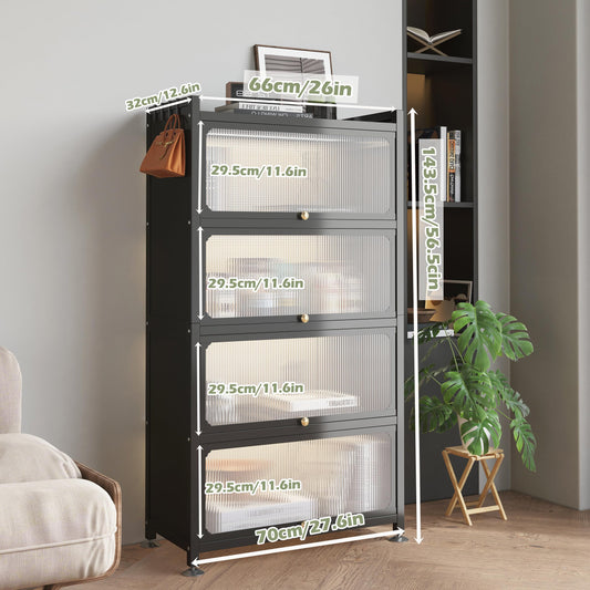COVAODQ Bakers Rack Kitchen, 5-Tier Stainless Steel Kitchen Shelf, Bakers Rack with Hooks, Kitchen Stand Organizer for Wine, Dishes, Pots with Visible Cover Door (70CM Black), White