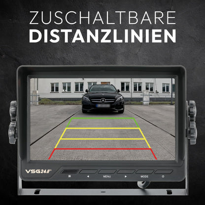 VSG24 Reversing Monitor Master - 7 inch screen, 2 camera inputs, trigger, distance lines, direct select buttons, 12-24V, rear view camera monitor for car, camper van, parking aid, reversing camera cable.