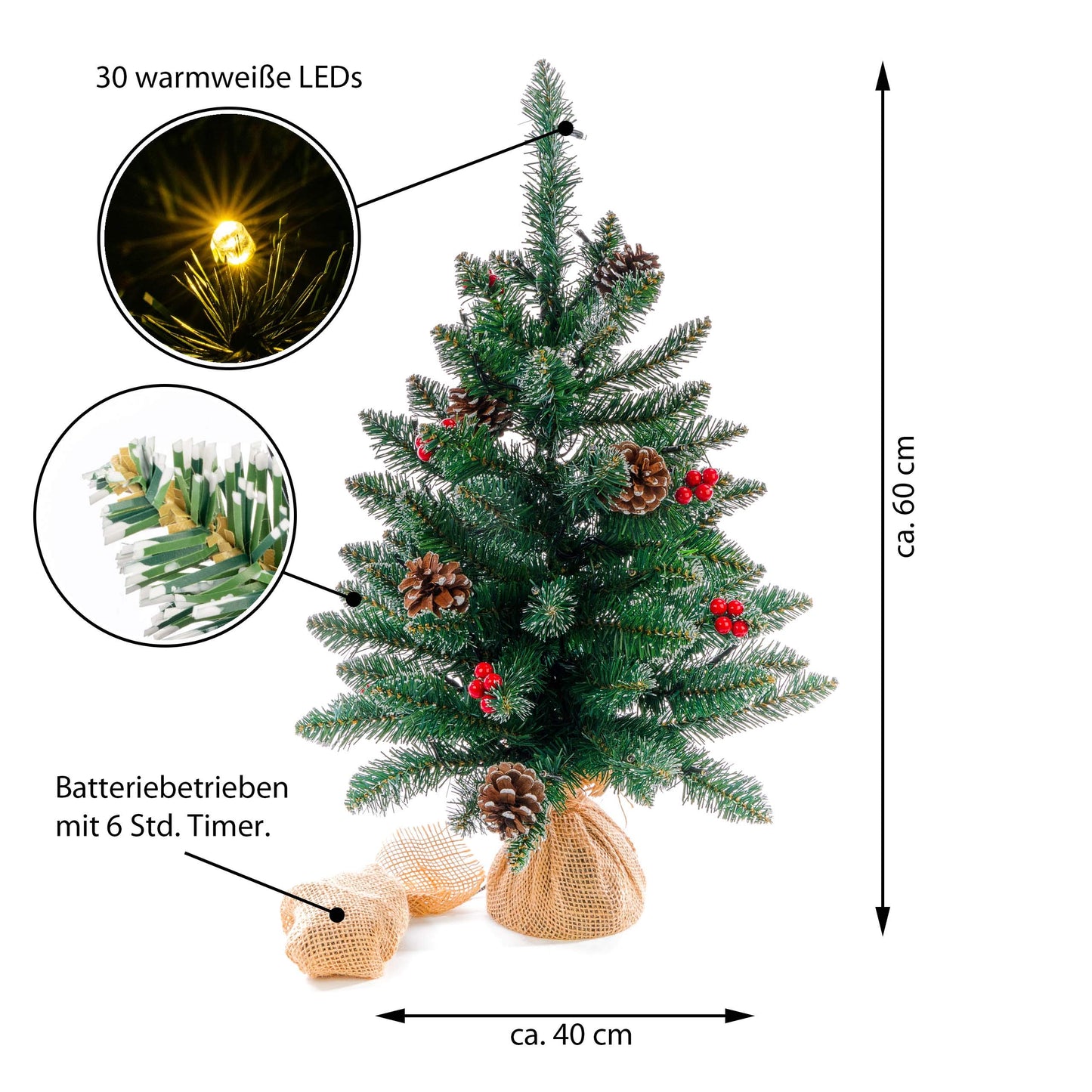 Artificial green Christmas tree with decorative LED string lights 30 warm white, battery-operated timer, 60 cm. Perfect Christmas decoration.