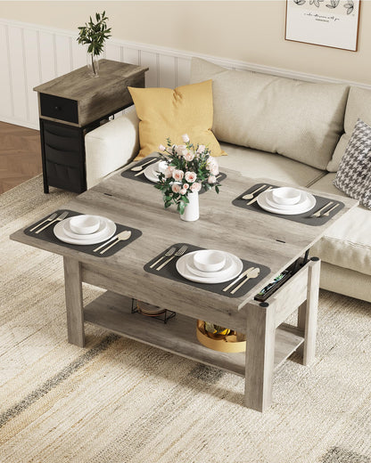 Height-adjustable coffee table, 3-in-1 multifunctional living room table, hidden storage, open shelf, can be used as a dining table, for living room, office, gray