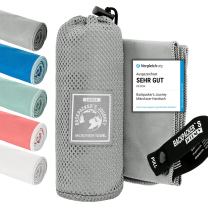 Backpacker's Journey microfiber towels in S M L XL. Travel towel sets are lightweight, quick-drying, absorbent, and antibacterial (gray XL&M)