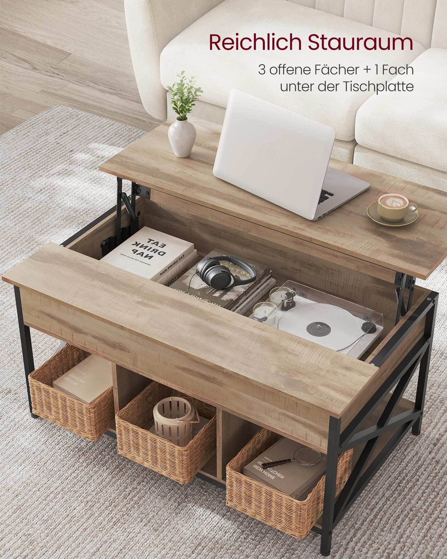 VASAGLE Coffee Table, Adjustable Living Room Table, Open and Hidden Storage, X-Shaped Design, 60 x 100 x (48-62) cm, Camel Brown-Black LCT205K50