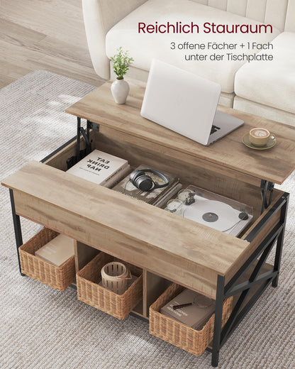VASAGLE Coffee Table, Adjustable Living Room Table, Open and Hidden Storage, X-Shaped Design, 60 x 100 x (48-62) cm, Camel Brown-Black LCT205K50