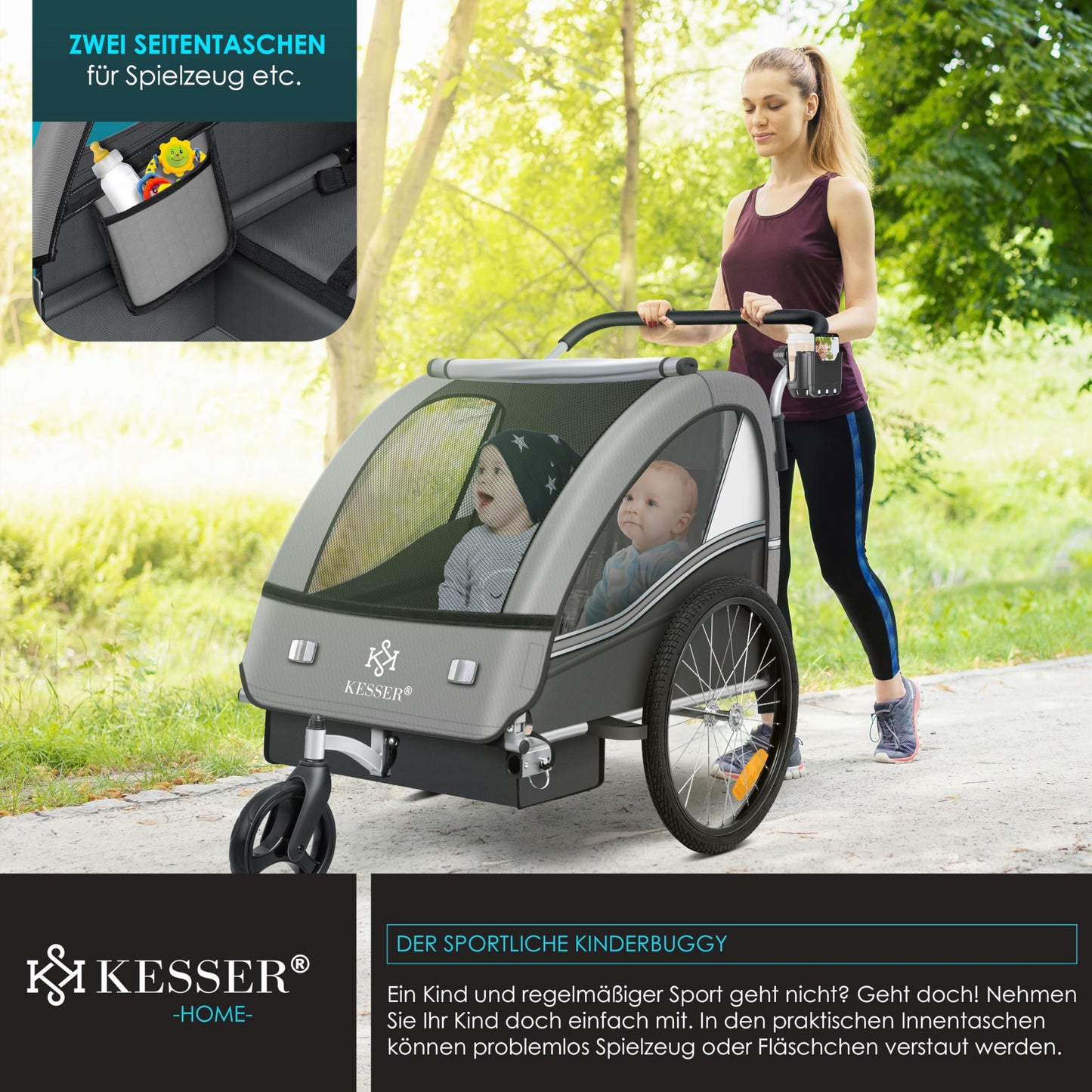 KESSER® child bicycle trailer Sport-RX 2in1 jogger & buggy with 5-point harness, safety belt, 360° front wheel, reflectors, suitable for 1-2 children (max. 40 kg), with cup holder & smartphone compartment.