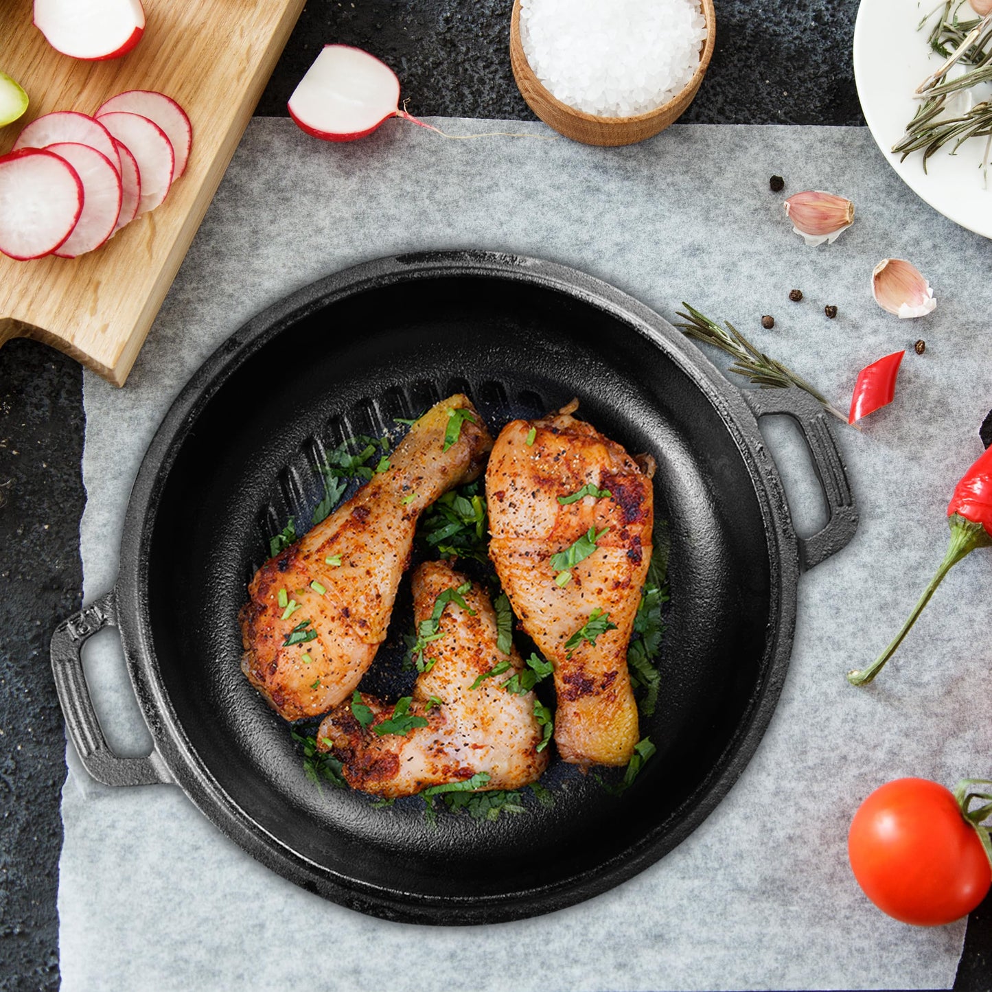 KICHLY 2 in 1 Cast Iron Pot with Dual Purpose Grill Pan Lid - Pre-Seasoned Cast Iron Dutch Oven - Baking Bread, Cooking, Frying, Stewing & Grilling - Indoor and Outdoor use.