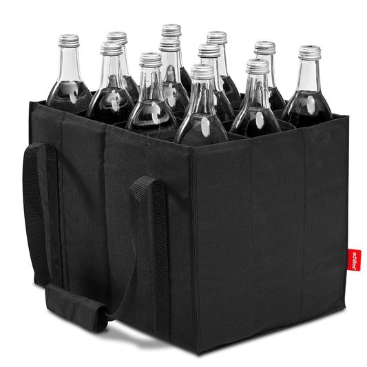 Achilles bottle holder with 12 compartments for 1.5 liters each. Tear-resistant bottle carrier with Velcro fastening. Foldable with dividers for water bottles, wine, and beer. Black.