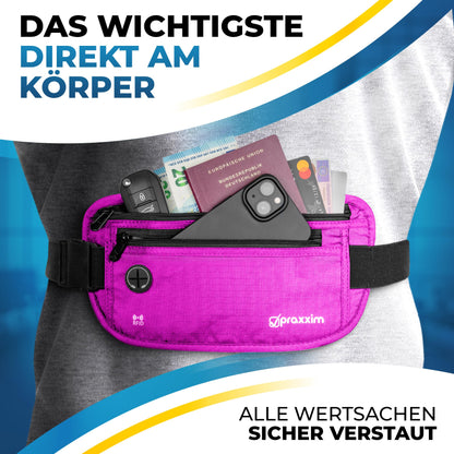 Praxxim The travel fanny pack - THEFT-PROOF with RFID protection - Extra flat fanny pack wearable under clothing - Hip bag - Travel fanny pack - Money belt for women and men - pink