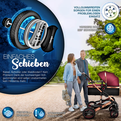 KIDUKU® 3 in 1 stroller XXL complete set | Combination stroller set including baby tub, buggy seat & car baby seat footmuff | Full rubber tires changing bag hand warmer rain cover children's table ECE R129