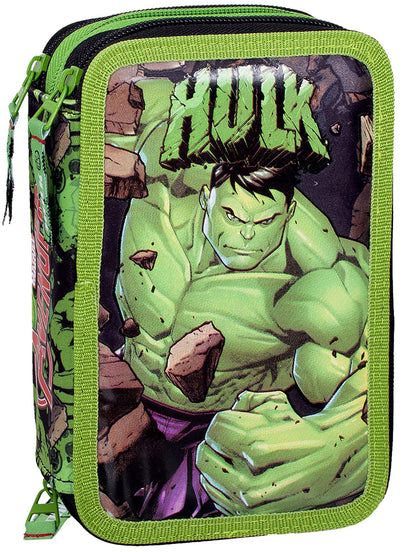 Clondo 3-compartment pencil case for Avengers Hulk fans - 44 pieces, fully filled - with scissors, ruler, colored pencils - Green - perfect for school & as a gift.