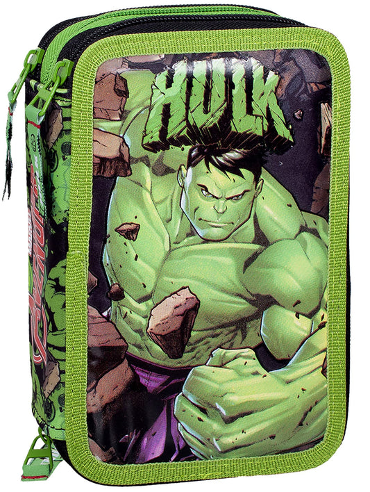 Clondo 3-compartment pencil case for Avengers Hulk fans - 44 pieces, fully filled - with scissors, ruler, colored pencils - Green - perfect for school & as a gift.