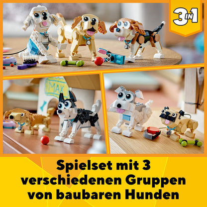 LEGO 31137 Creator 3in1 Cute Dogs Set with dachshund, pug, poodle figures and more, toy for kids 7+, gift for dog lovers.