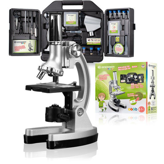 Bresser Junior beginner microscope set Biotar 300x-1200x for kids with battery-powered illumination and extensive accessory package, including carrying case