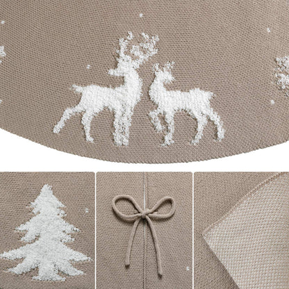 LOMOHOO Christmas Tree Skirt 48 inches knitted 3D Elk Christmas Tree Skirt, Rustic red tree skirt for Christmas decoration, for indoor and outdoor use (Beige, 48 inches)