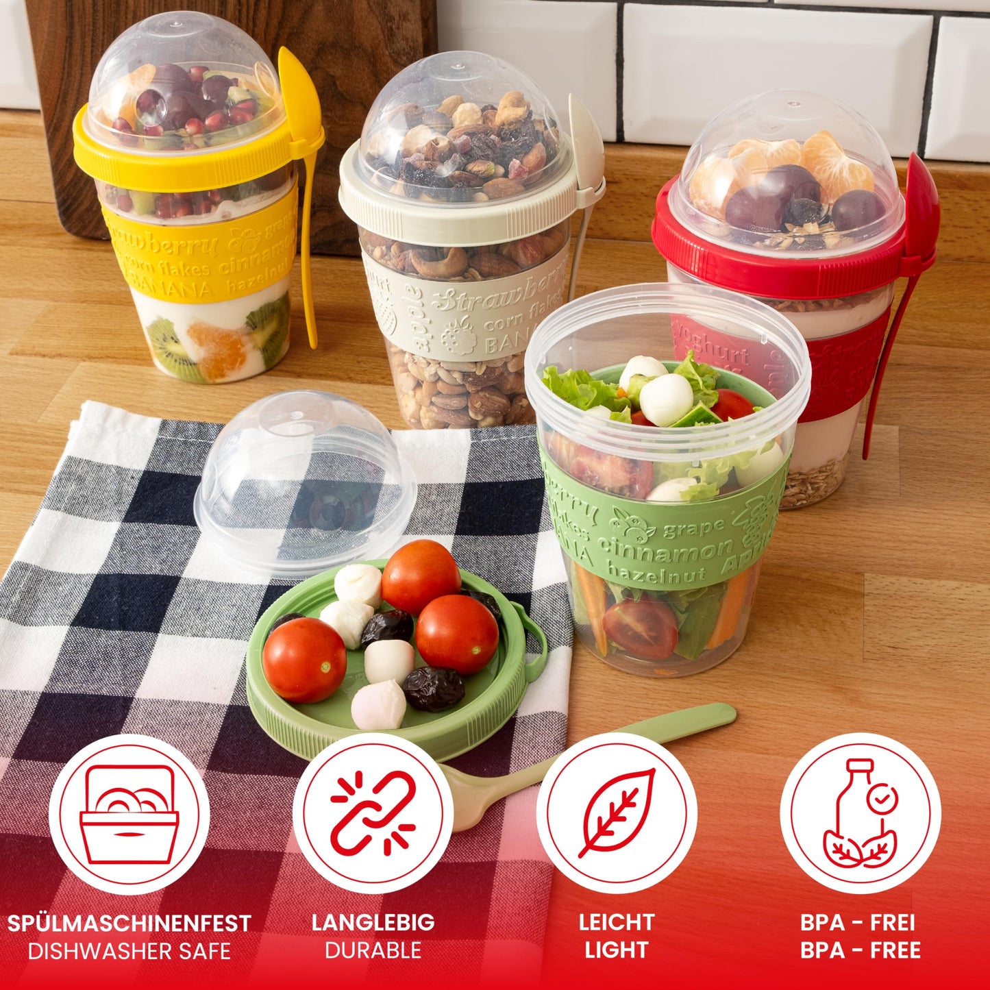 spar-home® 4-piece set yogurt cups To Go 600ml - muesli cup To Go with spoon Muesli To Go cup with lid for yogurt muesli eating on the go office school (4-piece set)