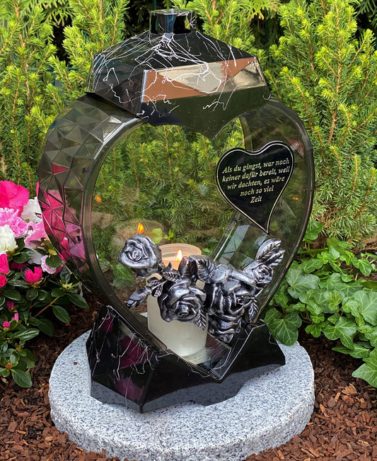 Garden Paradise Handmade Grave Lamp Lantern Heart Shape with inscription NEW - Grave Candle Grave Candle Grave Decoration 33 cm H.! New Model incl. Candle, Black Marble Effect / Hand painted, HEART-3