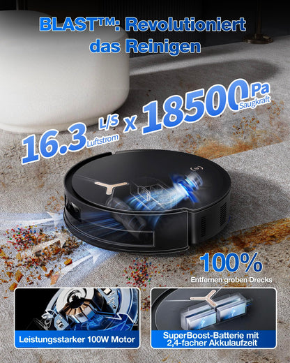 ECOVACS DEEBOT T50 MAX PRO Omni Robot Vacuum with Mopping Function, 18,500Pa, ZeroTangle 2.0, Deep Cleaning for Carpets, Extendable Side Brush & Mopping Module, Hot Water Cleaning 40-75℃, Black