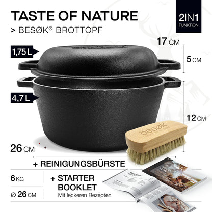 Visit Bread Pot Set [including proofing basket + brush + recipe book] Non-stick Patina Cast Iron Pot ⌀26 cm [5.5 liters] for baking bread - Bread loaf tin suitable for induction stove, pre-seasoned, round with lid.