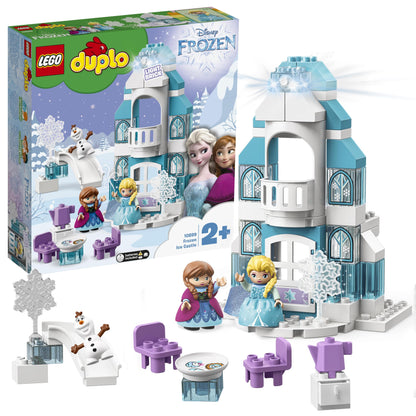 LEGO 10899 DUPLO Princess Frozen Elsa's Ice Palace, building set with light brick, Princess Elsa and Anna mini dolls, and snowman figure, toys for boys and girls aged 2 years and up.