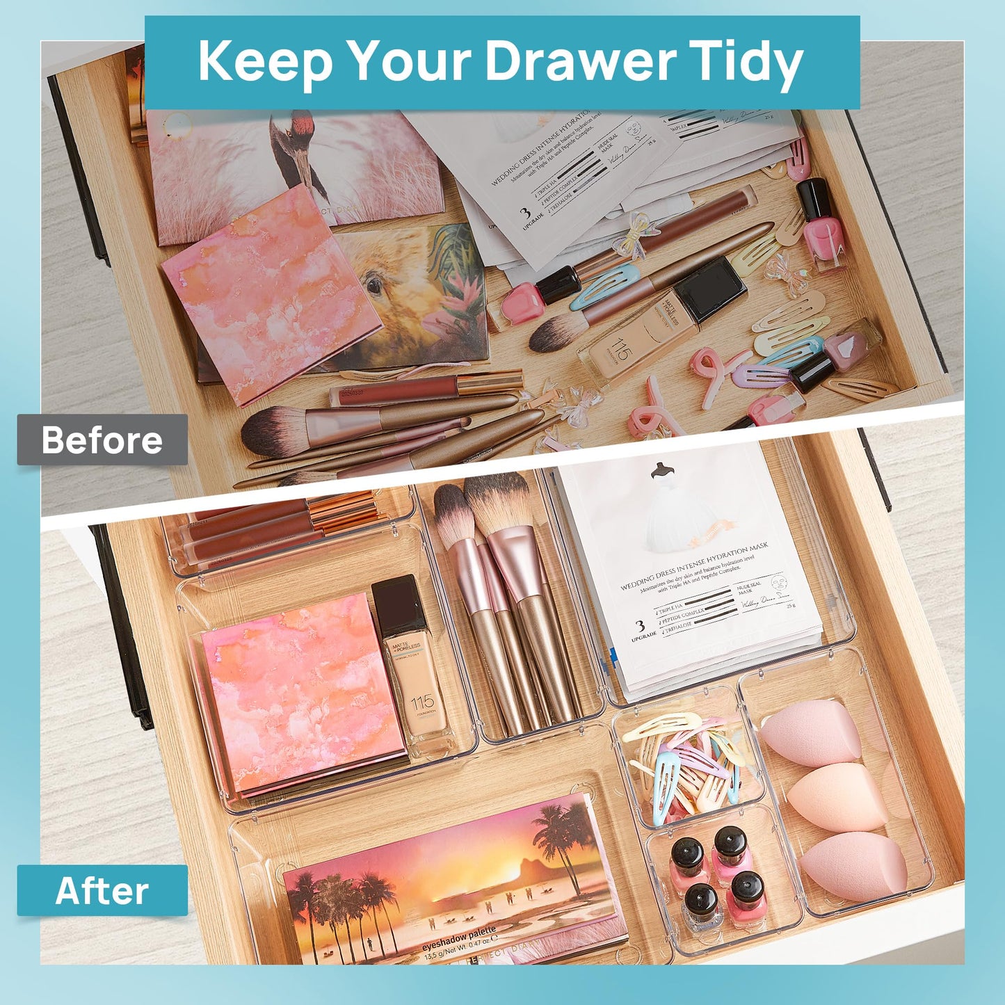 Vtopmart 60 Pieces Drawer Organizer, 4 Sizes, Clear Plastic Drawer Organizer, Containers for Bathroom and Vanity, Organization for Kitchen Utensils, Makeup