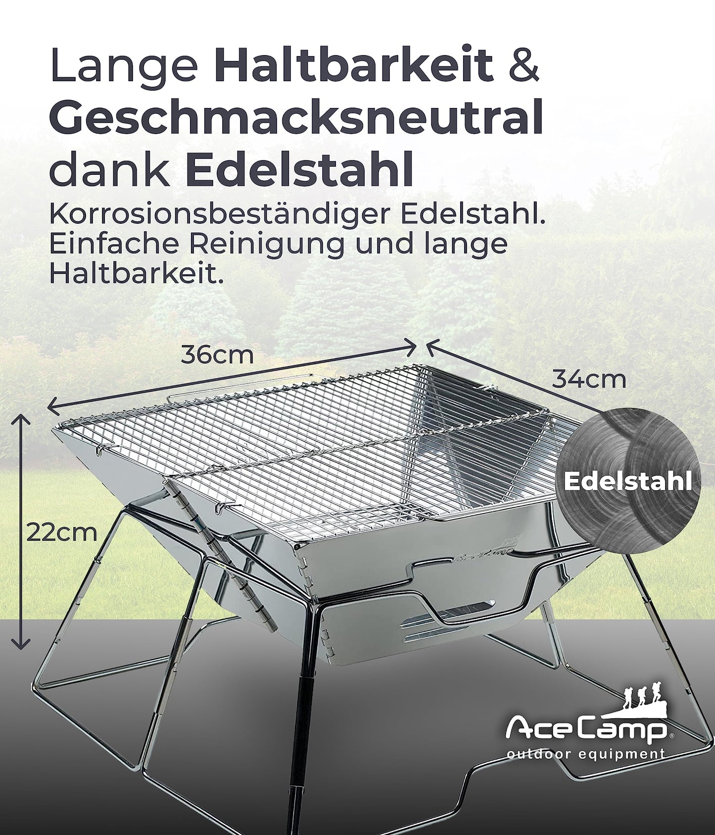 AceCamp® Portable Charcoal Grill - Foldable stainless steel grill for camping, garden, party, and BBQ.