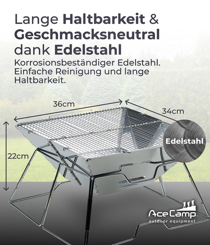 AceCamp® Portable Charcoal Grill - Foldable stainless steel grill for camping, garden, party, and BBQ.