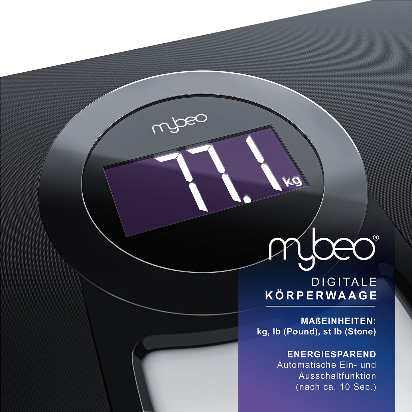 Bathroom scale, body scale with high-precision sensors, digital scale with step-on technology, weight scale made of safety glass, scale with LCD display and LED backlight.