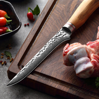 Zayiko Minami Olive Damascus Fillet Knife 6.5" Blade | 67-layer Damascus steel with hammered finish | Professional kitchen knife with flexible olive wood handle for precise filleting.