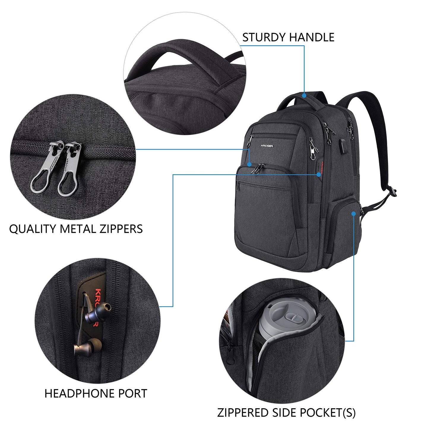KROSER Laptop Backpack Men 17.3'' Business Backpack School Backpack Large Waterproof Bags Travel Backpack Daypack for College/Men/Women Black MEHRWEG
