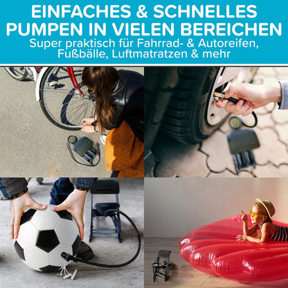 Foot pump with double cylinder and pressure gauge test VERY GOOD - 10 years warranty. Foot pump for all valves (bicycle pump, car air pump) - Powerful foot air pump - High-quality foot air pump.