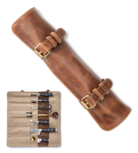 Angus Stoke Chef Knife Bag made of buffalo leather | 14-slot leather knife roll for chefs - Large Duplex Knife Bag (Brown)