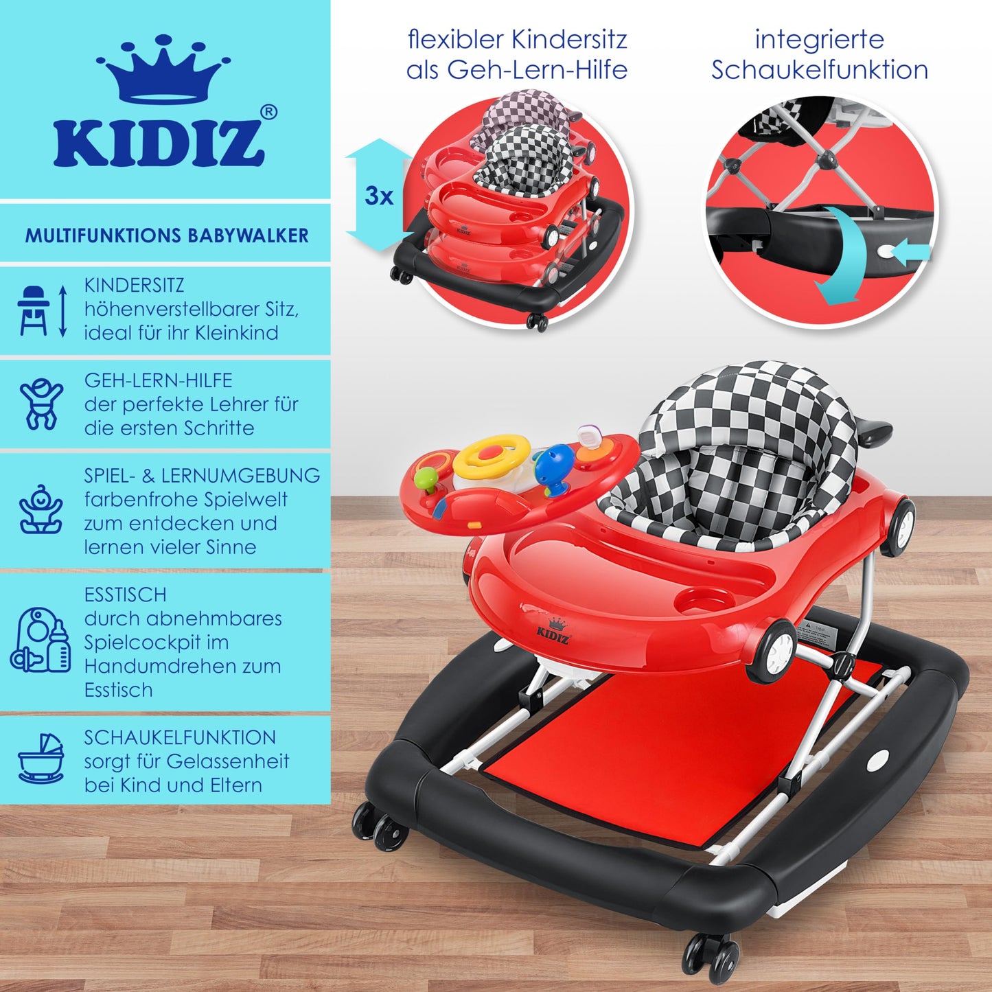KIDIZ® 4in1 Baby Walker Activity Center - Adjustable Height, Swing Function, Wheels, Lights, Music, Toy Tray, Feeding Tray - Foldable, Suitable for Babies 6 Months and Older.