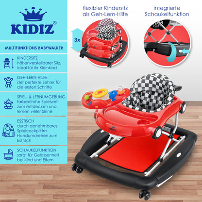 KIDIZ® 4in1 Baby Walker Activity Center - Adjustable Height, Swing Function, Wheels, Lights, Music, Toy Tray, Feeding Tray - Foldable, Suitable for Babies 6 Months and Older.