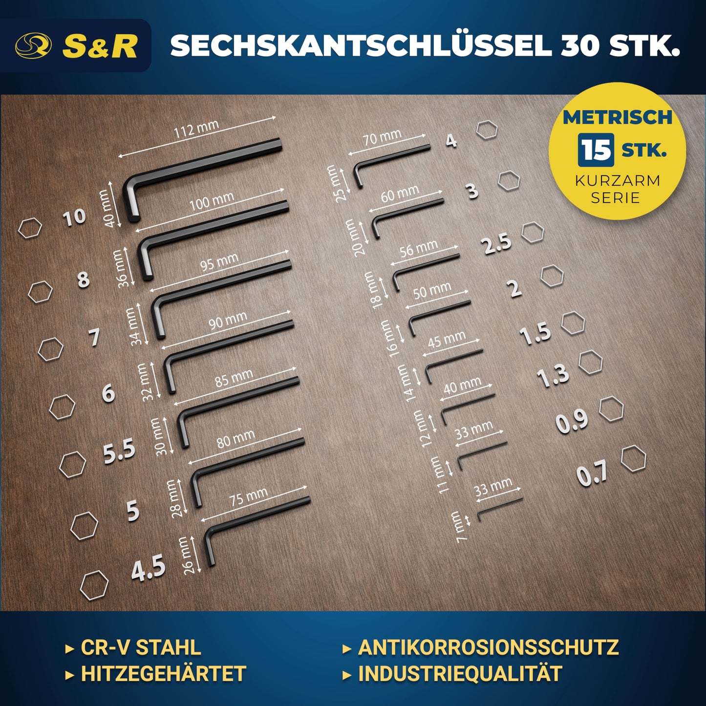 S&R Hex Key Set, 30 pieces, CrV steel, metric 0.7-10 mm & inch 0.028 to 3/8; Hex set precise, durable & robust for bicycle, automotive & furniture assembly, Allen key set.