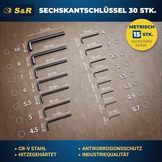 S&R Hex Key Set, 30 pieces, CrV steel, metric 0.7-10 mm & inch 0.028 to 3/8; Hex set precise, durable & robust for bicycle, automotive & furniture assembly, Allen key set.